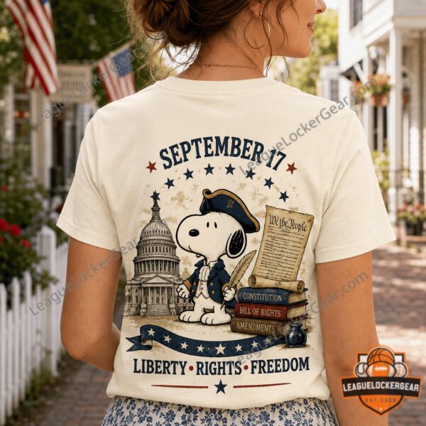 Snoopy Constitution Day September 17 T-Shirt - back design with Snoopy, US Capitol, and 'September 17' text