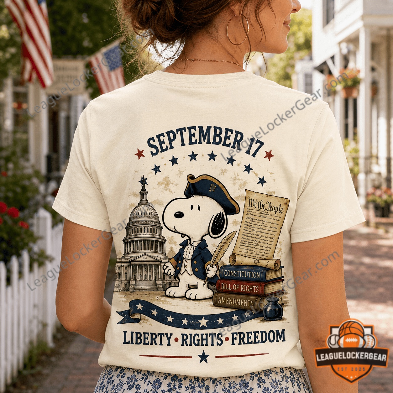 Snoopy Constitution Day September 17 T-Shirt - back design with Snoopy, US Capitol, and 'September 17' text