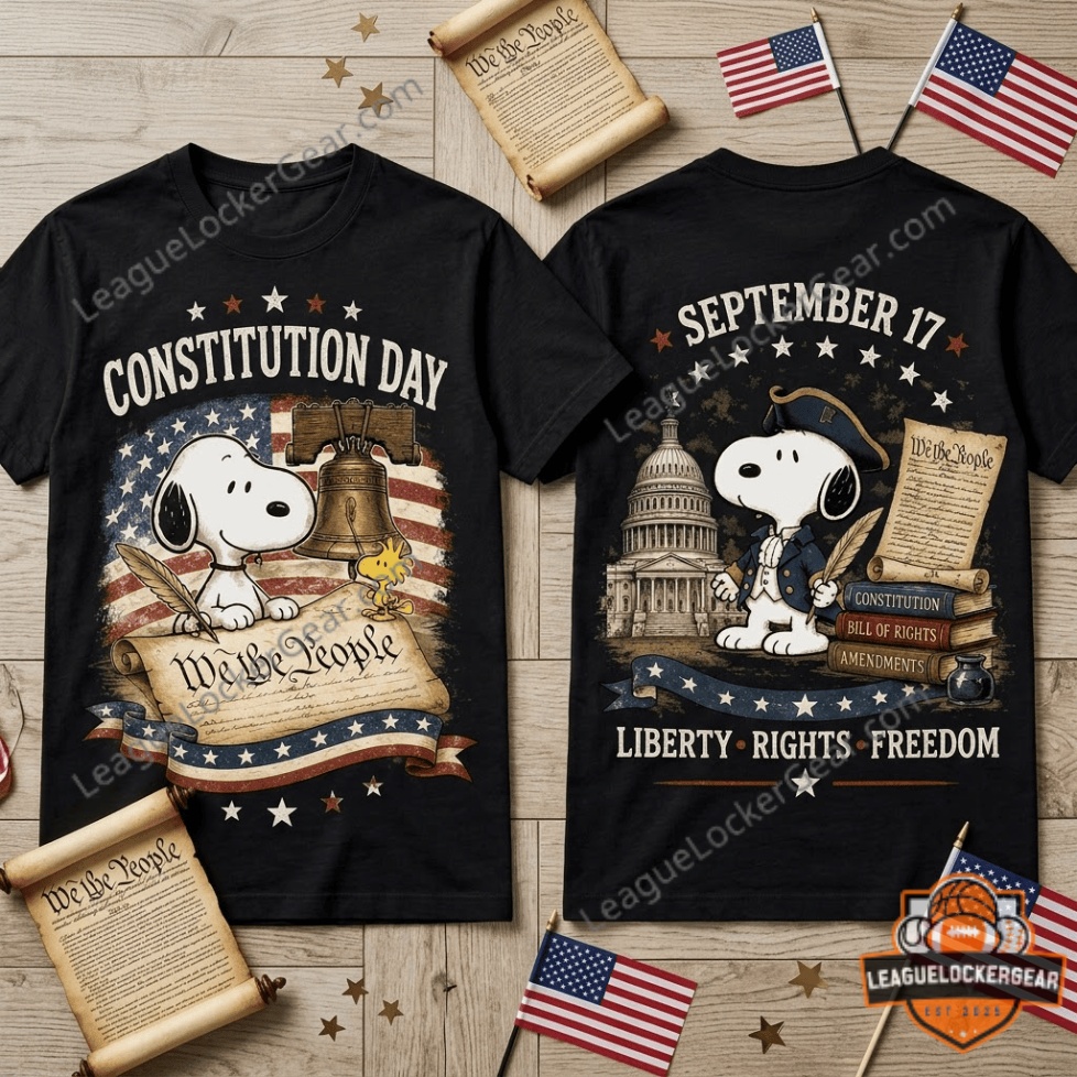 Snoopy Constitution Day September 17 T-Shirt - close-up of front design showing 'We the People' scroll