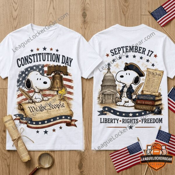 Snoopy Constitution Day September 17 T-Shirt - close-up of back design showing 'Liberty Rights Freedom' banner