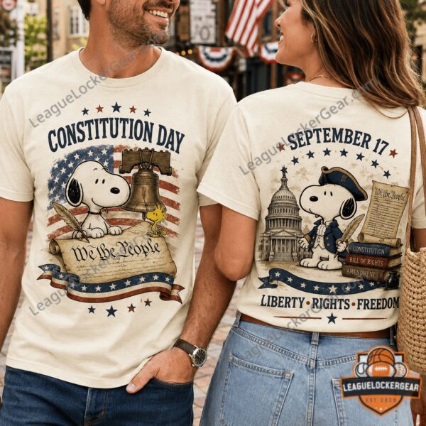 Snoopy Constitution Day September 17 T-Shirt - couple wearing matching cream t-shirts
