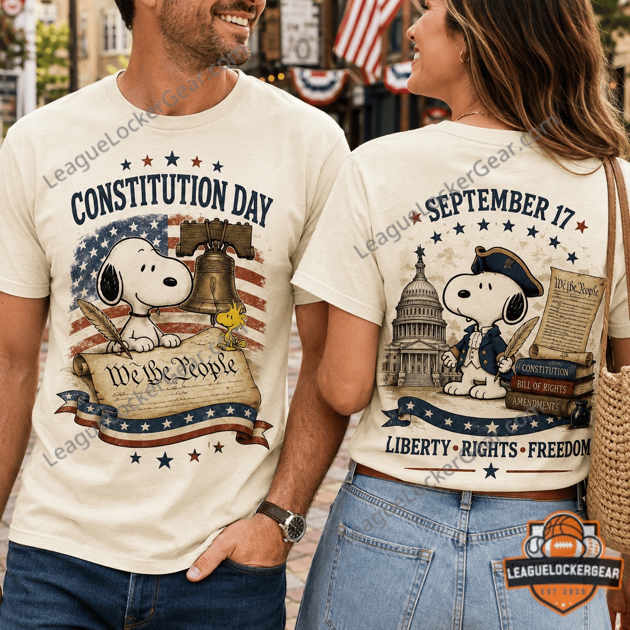 Snoopy Constitution Day September 17 T-Shirt - couple wearing matching cream t-shirts