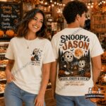 Snoopy Jason Voorhees Camp Crystal Lake Halloween T-Shirt - full view on male and female models