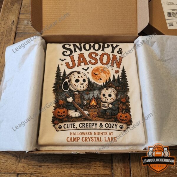 Snoopy Jason Voorhees Camp Crystal Lake Halloween T-Shirt - female model showing front design