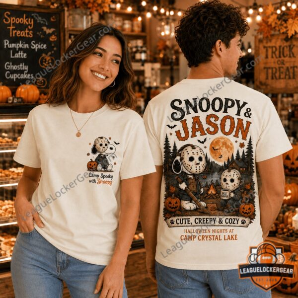 Snoopy Jason Voorhees Camp Crystal Lake Halloween T-Shirt - full view on male and female models