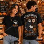 Snoopy Michael Myers Haddonfield Nightmares Halloween Edition T-Shirt - front and back displayed by models