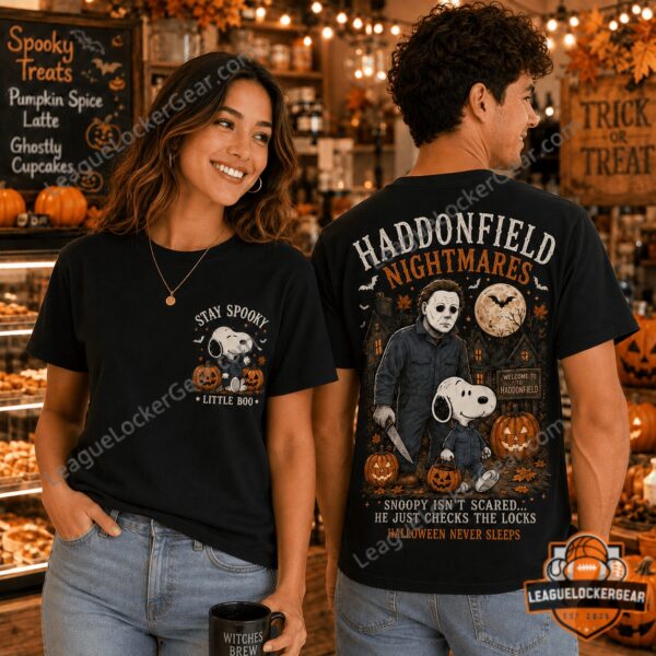 Snoopy Michael Myers Haddonfield Nightmares Halloween Edition T-Shirt - front and back displayed by models