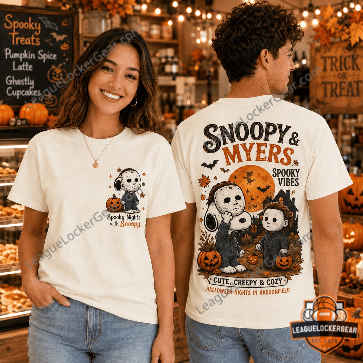 Snoopy Michael Myers Spooky Nights in Haddonfield T-Shirt – Front and back designs on Snoopy Michael Myers Spooky Nights in Haddonfield T-Shirt - front and back designs on two models