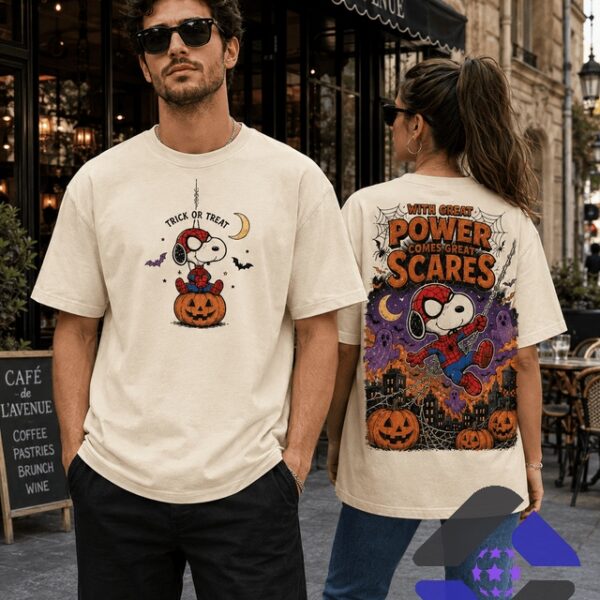 Snoopy Spiderman Halloween Great Power Great Scares T-Shirt - close-up of front graphic