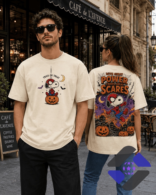 Snoopy Spiderman Halloween Great Power Great Scares T-Shirt - close-up of front graphic