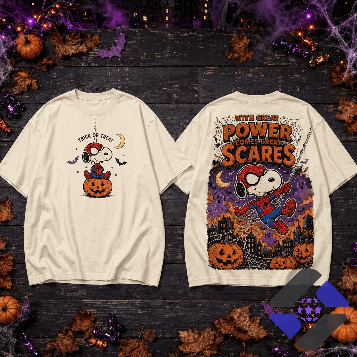 Snoopy Spiderman Halloween Great Power Great Scares T-Shirt – Front and back view Snoopy Spiderman Halloween Great Power Great Scares T-Shirt - front and back view