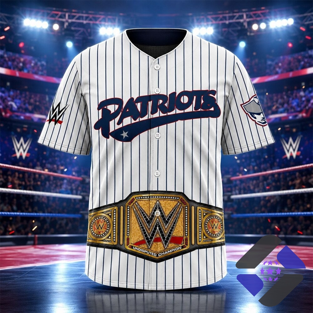 Somerset Patriots WWE Championship Belt Baseball Jersey – Full front view Somerset Patriots WWE Championship Belt Baseball Jersey - full front view