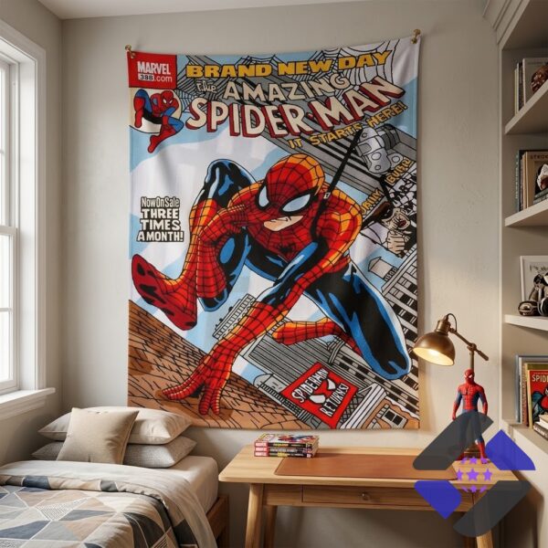 Spider-Man Brand New Day Comic Cover Poster Blanket - detail of Spider-Man's head and top right text