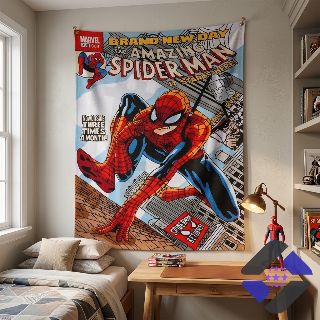 Spider-Man Brand New Day Comic Cover Poster Blanket - detail of Spider-Man's head and top right text