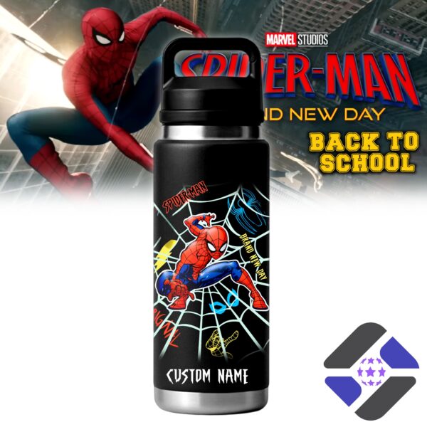 Spider-Man Back to School Bottle - black insulated bottle with Spider-Man graphic and custom name area