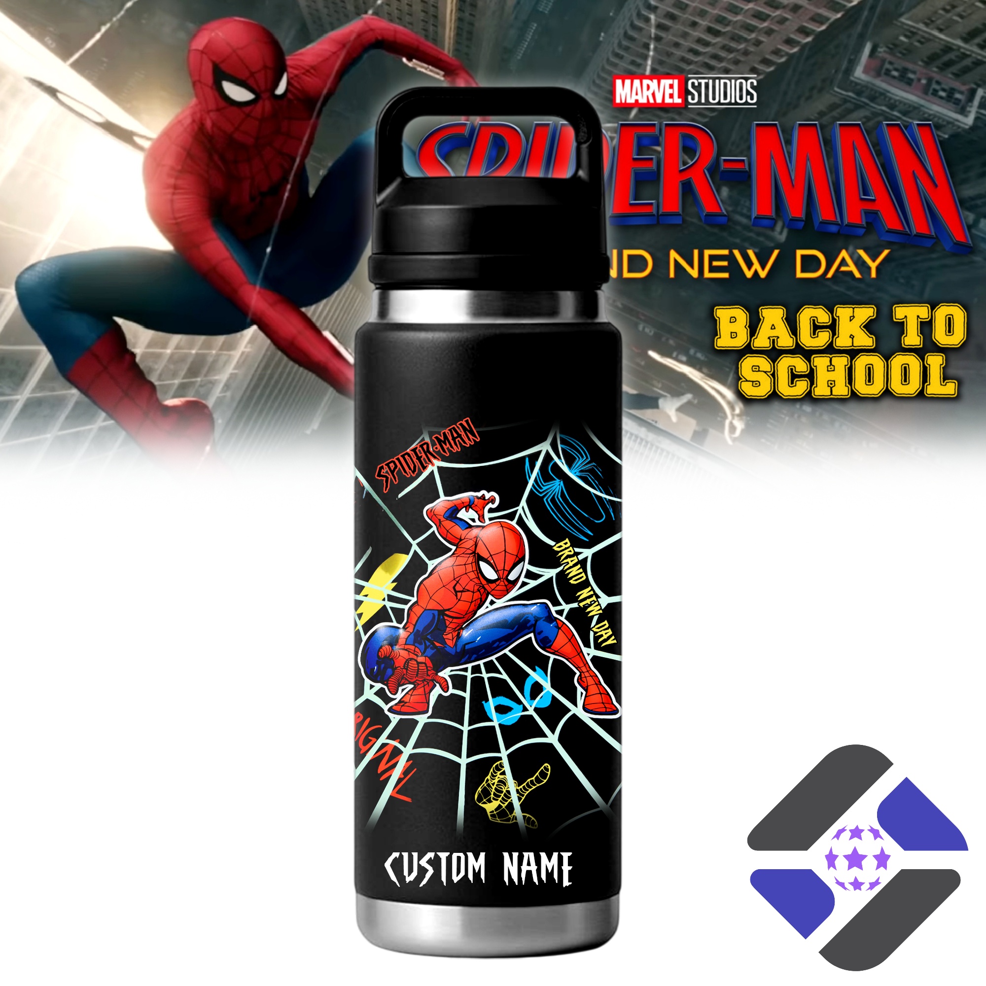 Spider-Man Back to School Bottle - black insulated bottle with Spider-Man graphic and custom name area