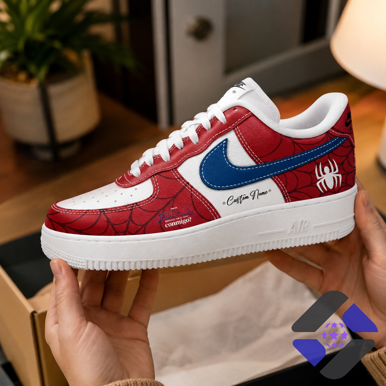 Spider-Man Brand New Day Custom Name Sneaker - close-up of the right shoe showing the spider logo and custom