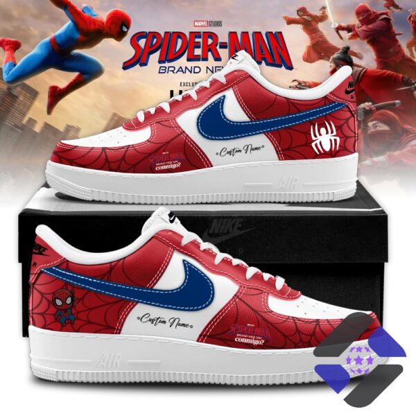 Spider-Man Brand New Day Custom Name Sneaker - pair displayed on a black box, front-side view