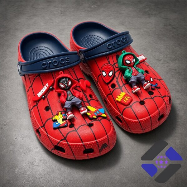 Spider-Man Miles Morales Marvel Jibbitz Charms Crocs Clogs - close-up of the left clog with charms