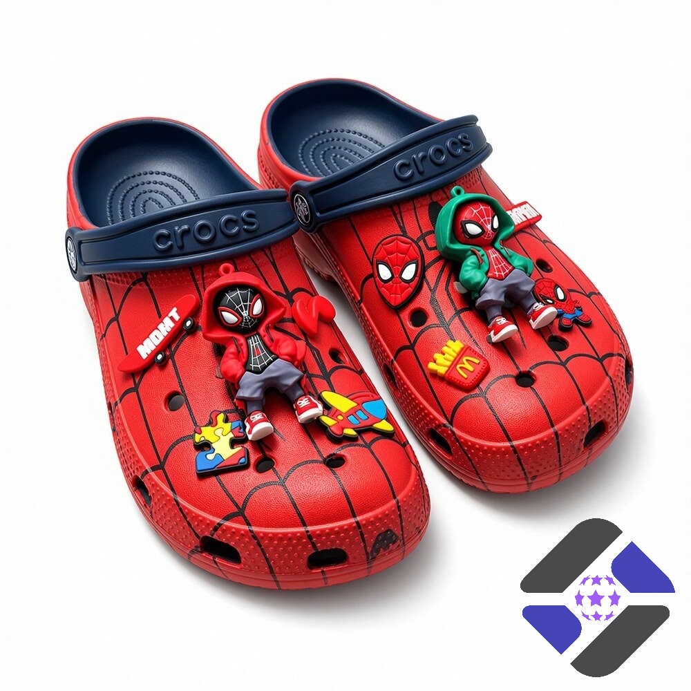 Spider-Man Miles Morales Marvel Jibbitz Charms Crocs Clogs - close-up of the right clog with charms