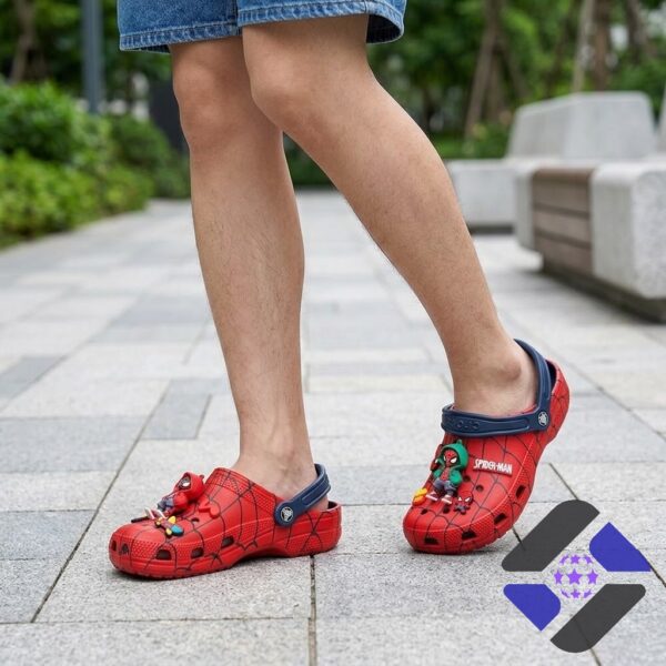 Spider-Man Miles Morales Marvel Jibbitz Charms Crocs Clogs - detailed view of the left clog's Jibbitz