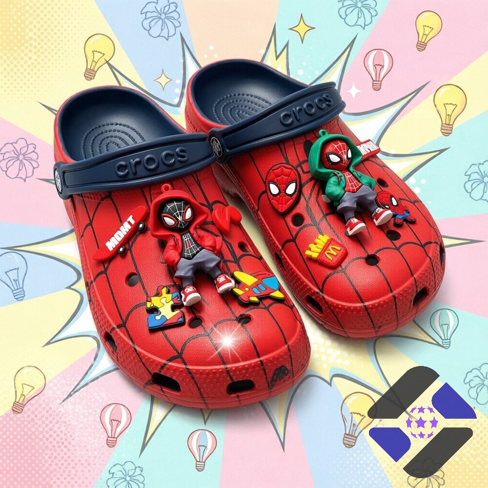 Spider-Man Brand New Day Miles Morales Marvel Jibbitz Charms Crocs Clogs – Pair shown on a colorful Spider-Man Miles Morales Marvel Jibbitz Charms Crocs Clogs - pair shown on a colorful pop art background