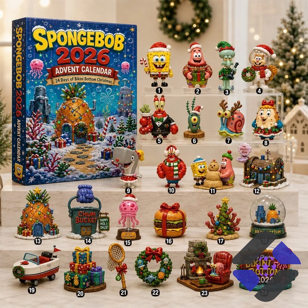 SpongeBob SquarePants 2026 Advent Calendar Christmas Collectibles - full display with all 24 figures and box