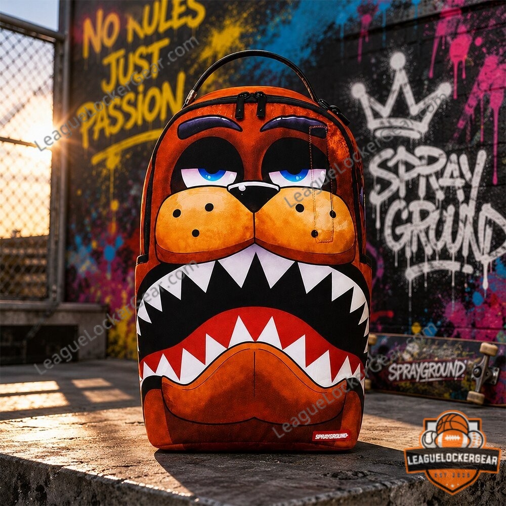 Freddy Fazbear Shark Mouth Backpack - close-up of the upper section with eyes and pizza sign