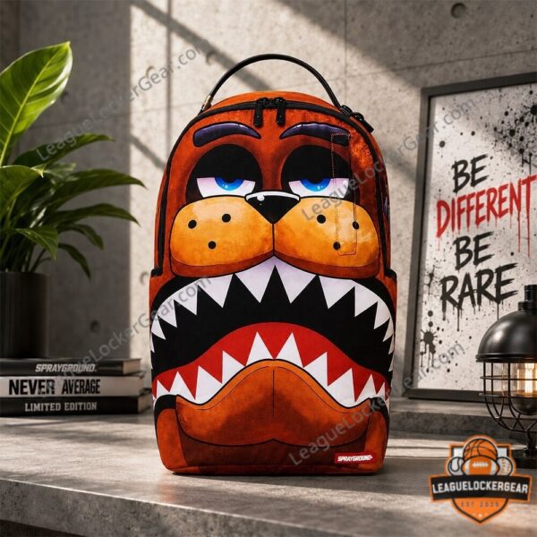 Freddy Fazbear Shark Mouth Backpack - close-up of the upper section with eyes and arcade machines