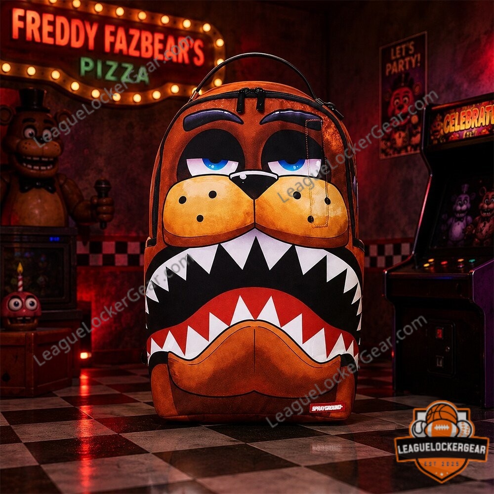 Freddy Fazbear Shark Mouth Backpack - front view in a pizza parlor setting