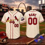 St. Louis Cardinals Emo-Punk Bird Story Of The Year Baseball Jersey - front and back displayed on a wooden