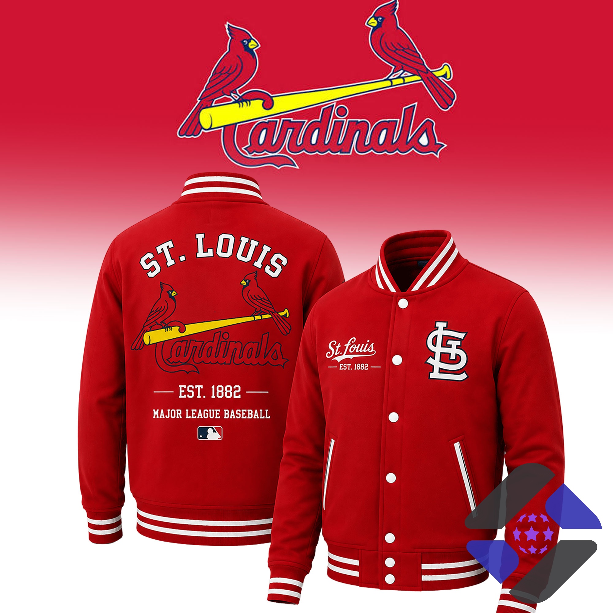 St. Louis Cardinals Established 1882 Baseball Jacket – Front and back display St. Louis Cardinals Established 1882 Baseball Jacket - front and back display
