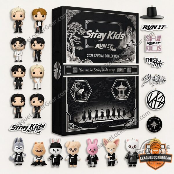 Stray Kids RUN IT 2026 Special Collection Advent Calendar - close-up of collection box and various ornaments