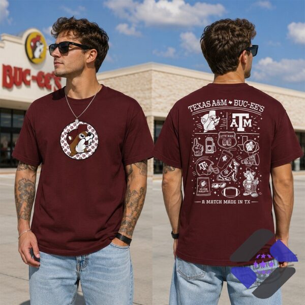 Texas A&M Aggies Buc-ee's A Match Made In Texas T-Shirt - close-up view of the front graphic