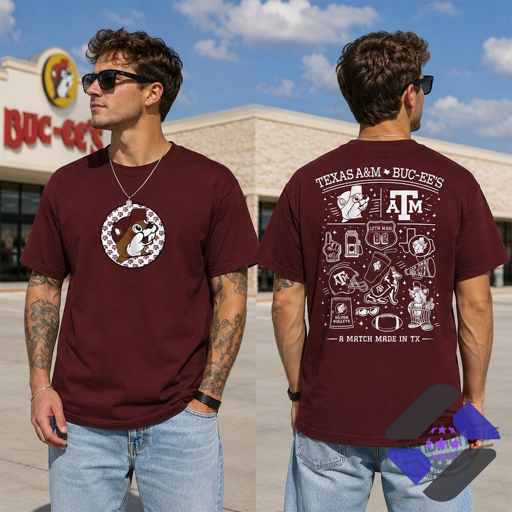 Texas A&M Aggies Buc-ee's A Match Made In Texas T-Shirt - close-up view of the front graphic