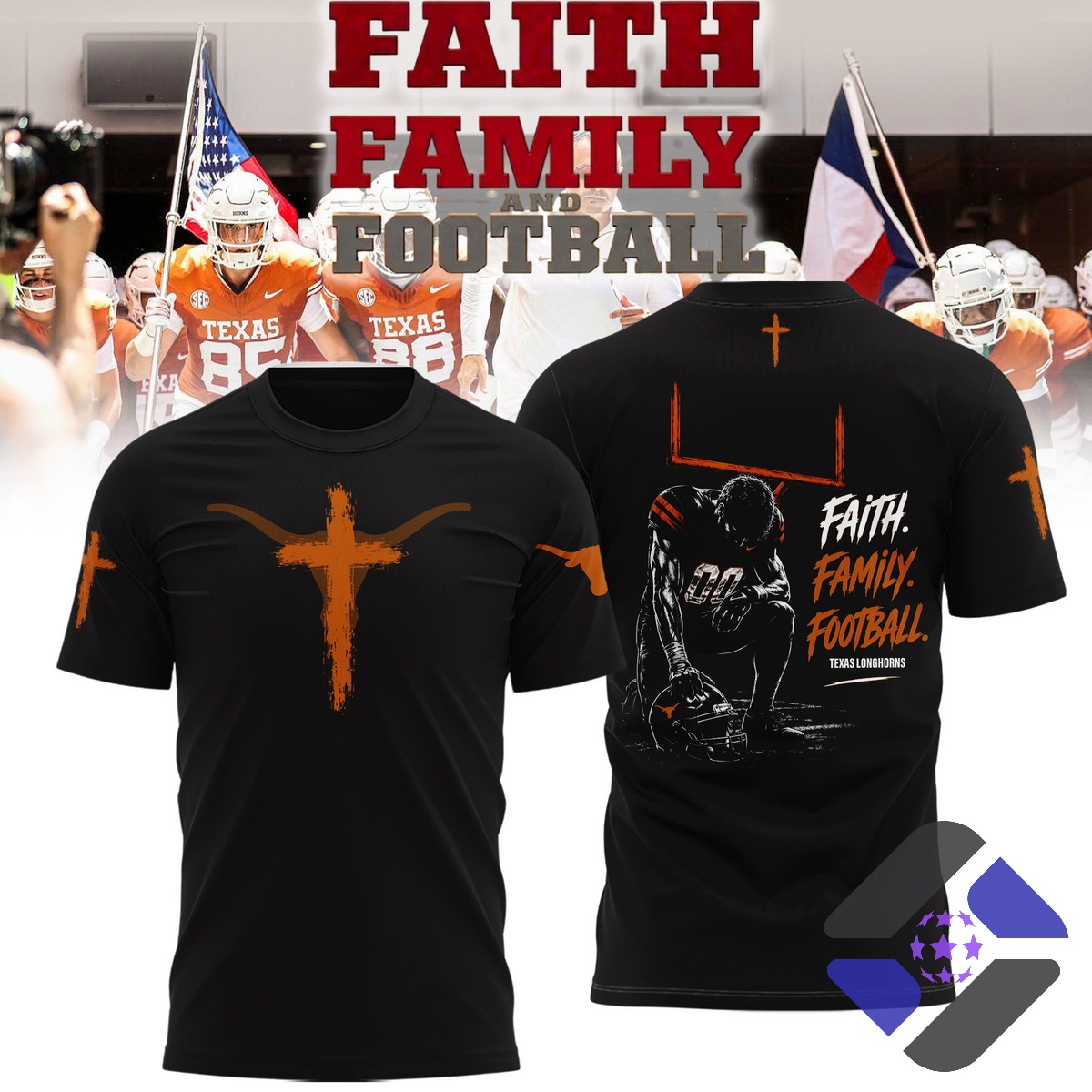 Texas Longhorns Faith Family Football T-Shirt - front view with cross logo