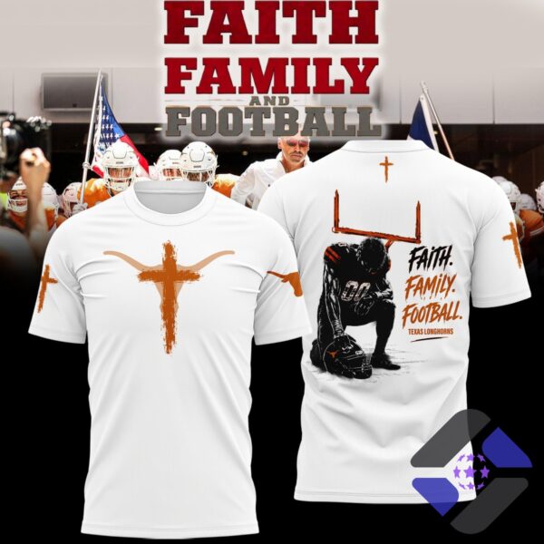 Texas Longhorns Faith Family Football T-Shirt - back view with kneeling player