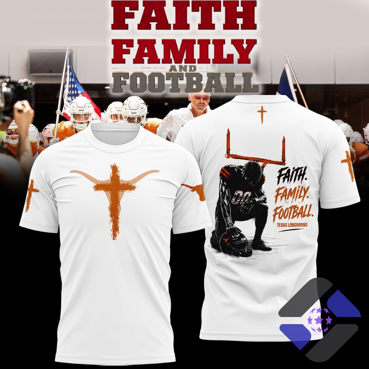 Texas Longhorns Faith Family Football T-Shirt - back view with kneeling player