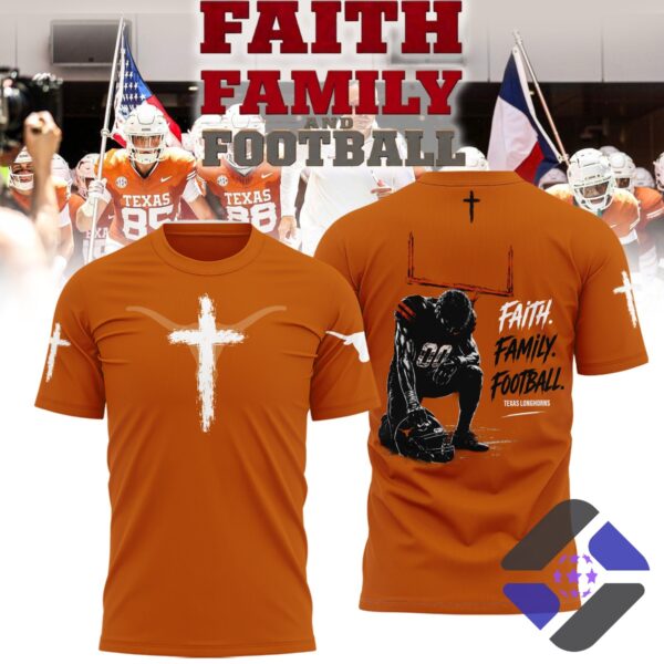 Texas Longhorns Faith Family Football T-Shirt - composite front and back view