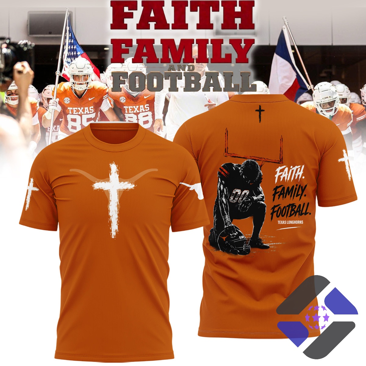 Texas Longhorns Faith Family Football 2026 Limited Edition T-Shirt – Composite front and back view Texas Longhorns Faith Family Football T-Shirt - composite front and back view