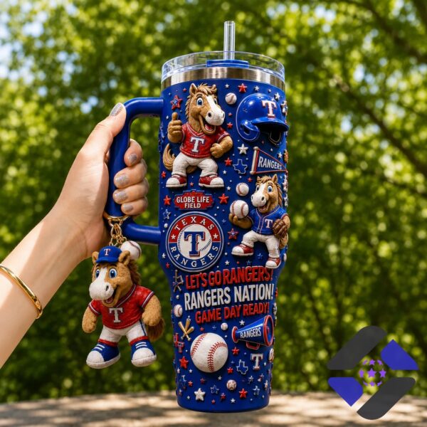 Texas Rangers Game Day Ready Mascot Tumbler with Handle - close-up of top mascot and handle