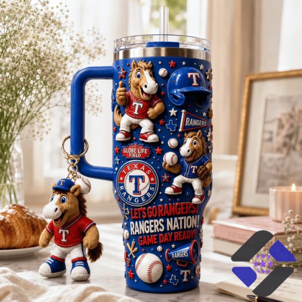 Texas Rangers Game Day Ready Mascot Tumbler with Handle - close-up of top section and baseball helmet