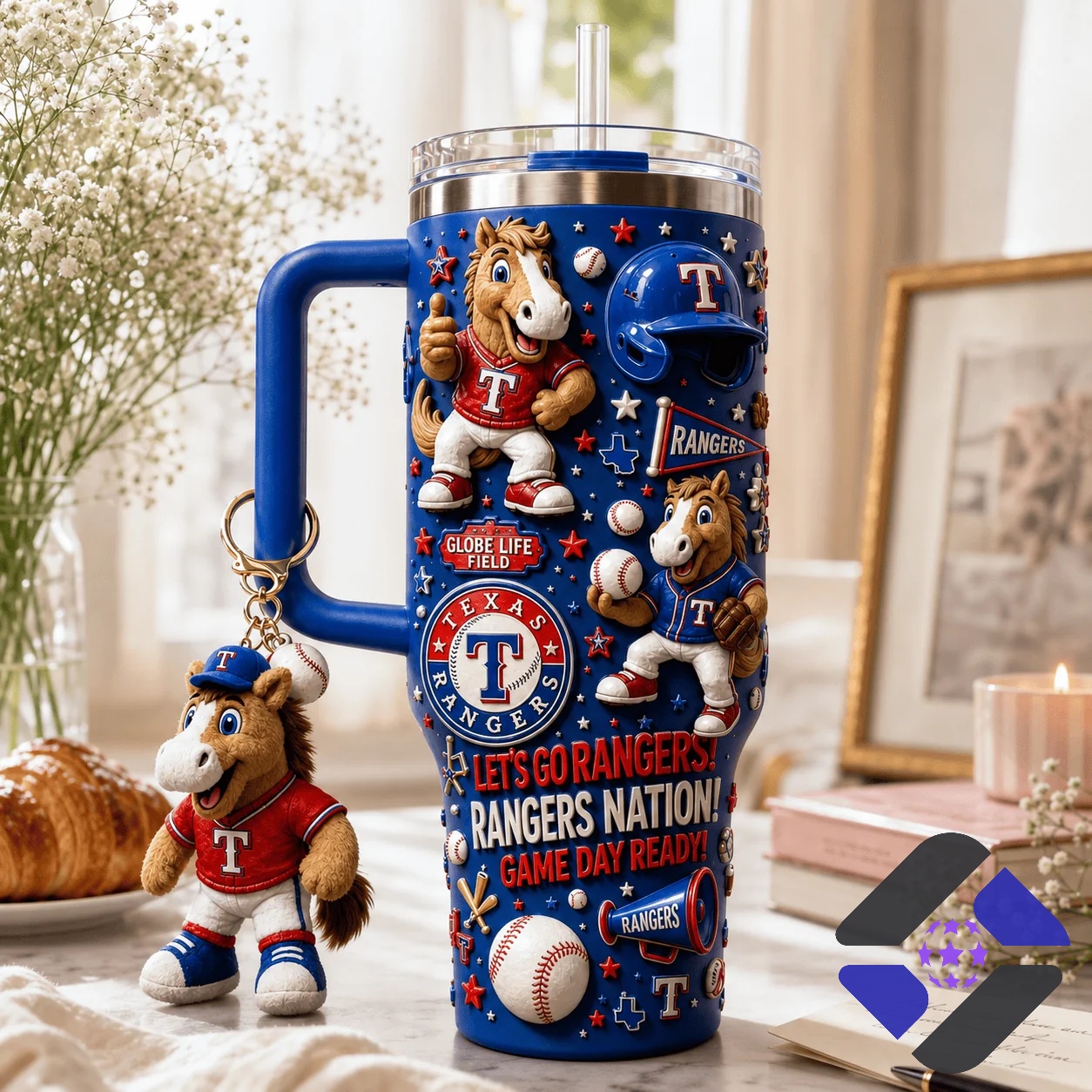 Texas Rangers Game Day Ready Mascot Tumbler with Handle - close-up of top section and baseball helmet