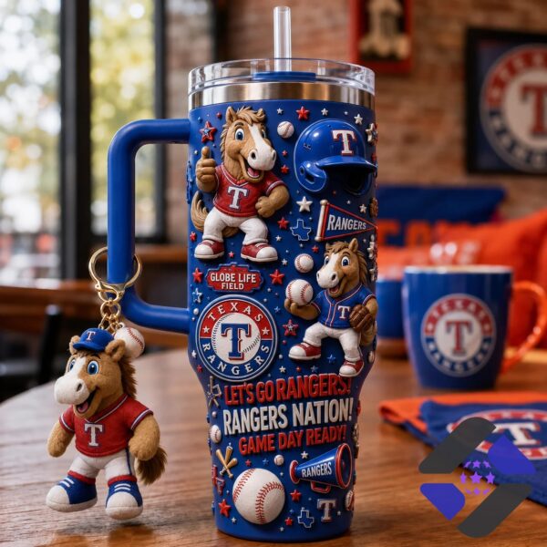 Texas Rangers Game Day Ready Mascot Tumbler with Handle - full view with plush toy keychain