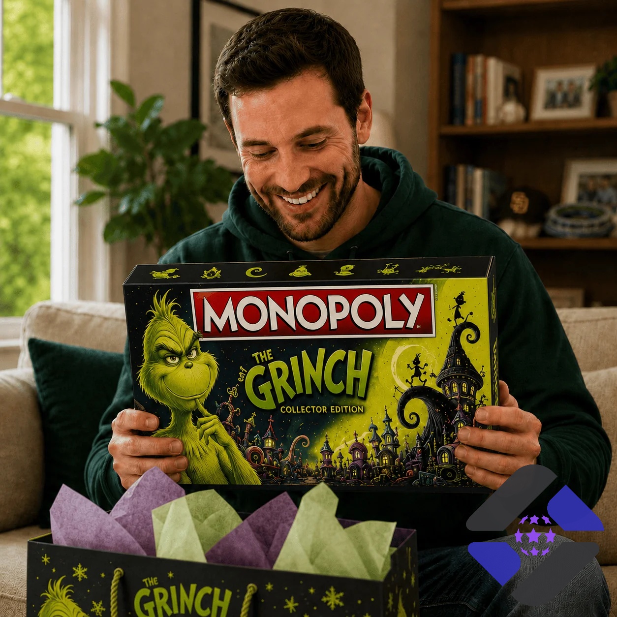 The Grinch Monopoly game box, tin, and game cards close-up