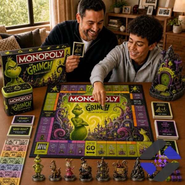 The Grinch Monopoly game box, board corner, and Grinch's Lair token