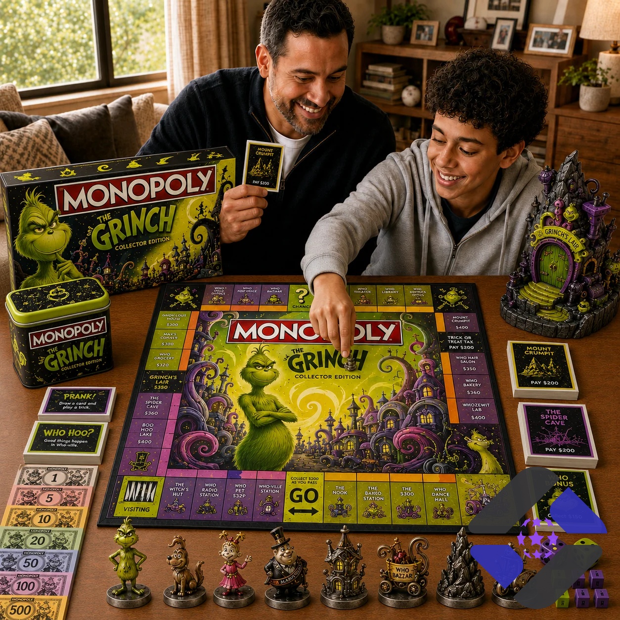 The Grinch Monopoly game box, board corner, and Grinch's Lair token