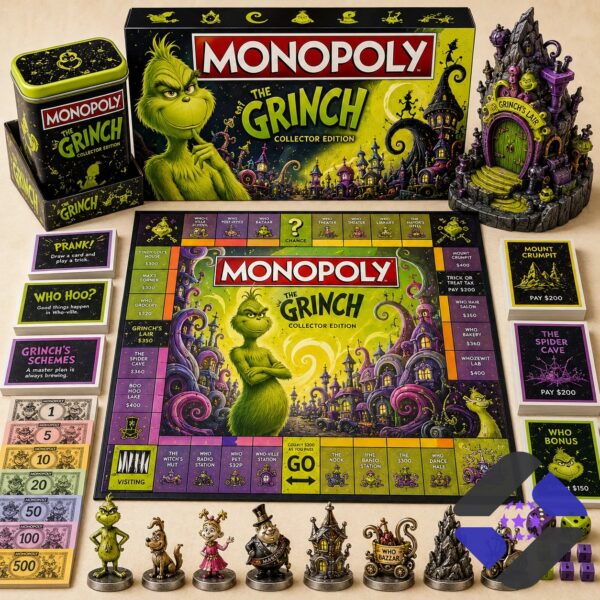 The Grinch 2026 Monopoly Board Game with all components displayed
