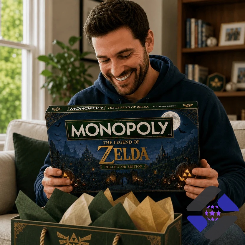 The Legend of Zelda Monopoly Board Game - close-up of box, game board, and card stacks