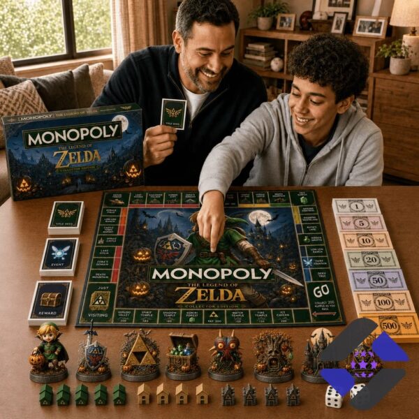 The Legend of Zelda Monopoly Board Game - close-up of game board, money, and pumpkins